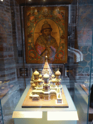 Scale model of Saint Basil`s Cathedral and portrait of Tsar Ivan IV (`Ivan the Terrible`) at the porch at the Ground Floor of Saint Basil`s Cathedral