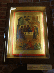 Painting `Old Testament Trinity`, with explanation, at the Basement of Saint Basil`s Cathedral