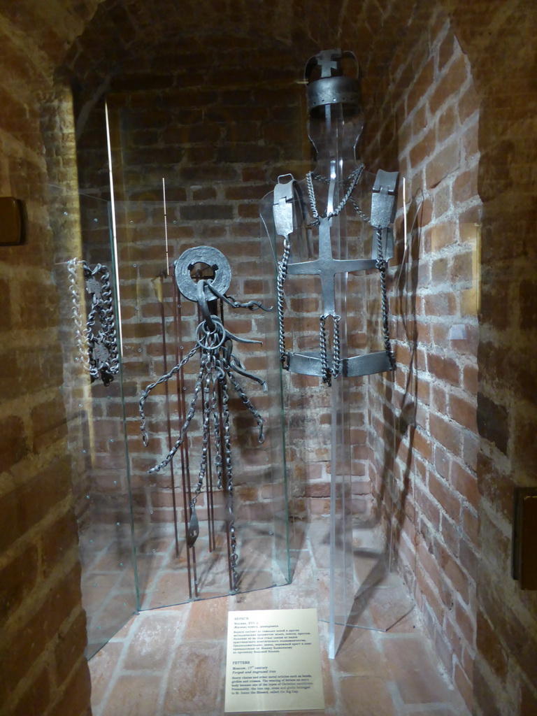 Iron fetters, with explanation, at the Basement of Saint Basil`s Cathedral