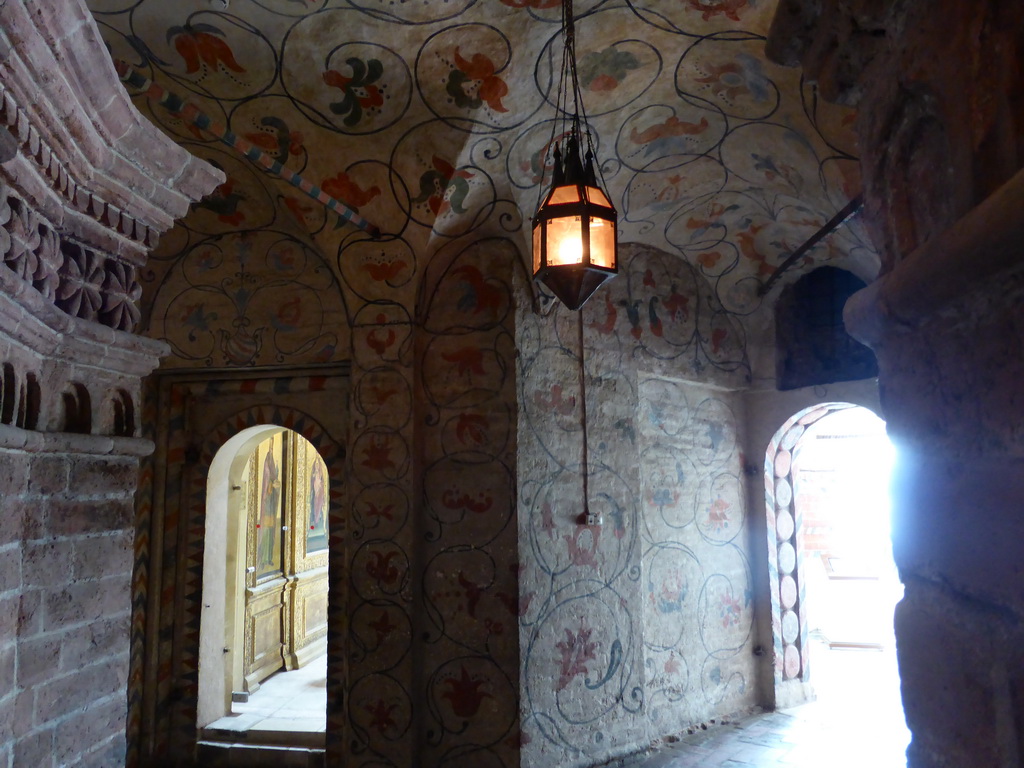 Gallery with frescoes on the wall and ceiling at the First Floor of Saint Basil`s Cathedral