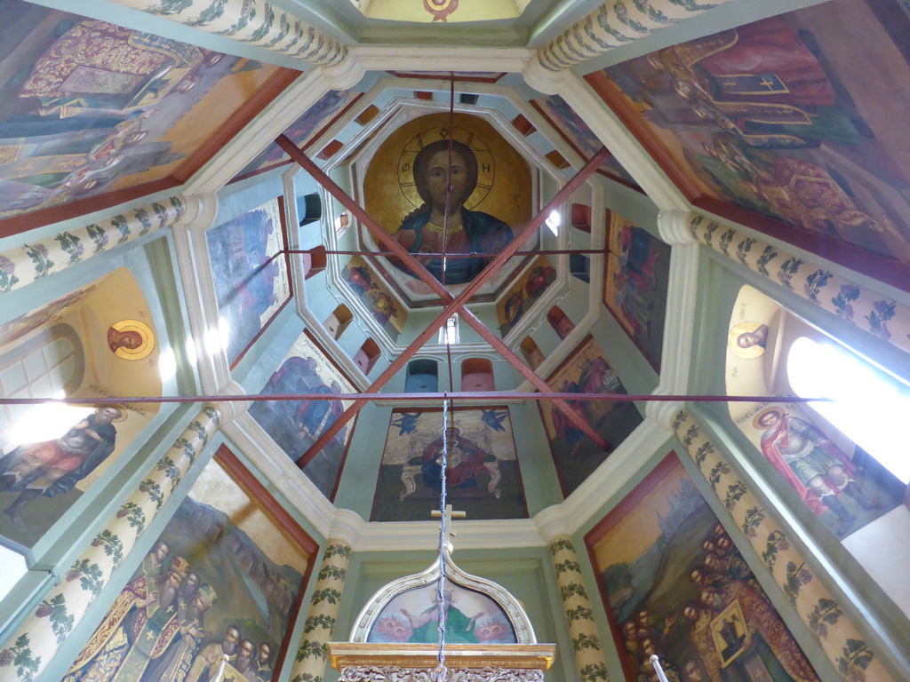 Frescoes on the wall and ceiling of the dome of the Church of St. Nicholas Velikoretsky at the First Floor of Saint Basil`s Cathedral