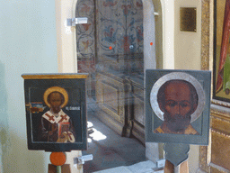 Two icons at the Church of St. Nicholas Velikoretsky at the First Floor of Saint Basil`s Cathedral