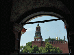 Tower at the outer wall of the Moscow Kremlin, viewed from the First Floor to the Ground Floor of Saint Basil`s Cathedral