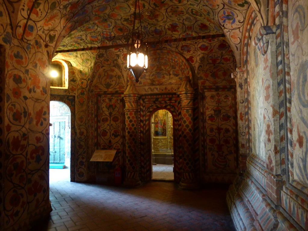 Gallery with frescoes on the wall and ceiling at the First Floor of Saint Basil`s Cathedral