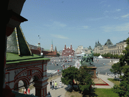 The Red Square with the Monument to Minin and Pozharsky, the Moscow Kremlin, the State Historical Museum of Russia and the GUM shopping center, viewed from the First Floor of Saint Basil`s Cathedral