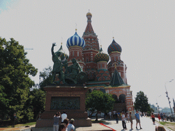 The front of Saint Basil`s Cathedral and the Monument to Minin and Pozharsky at the Red Square