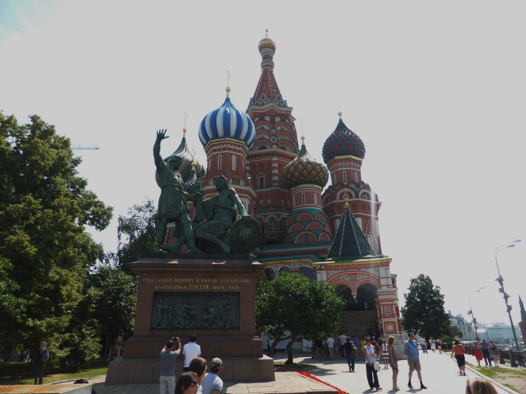 The front of Saint Basil`s Cathedral and the Monument to Minin and Pozharsky at the Red Square