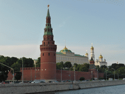 The Grand Kremlin Palace, the Cathedral of the Annunciation and the Cathedral of the Archangel Michael at the Moscow Kremlin and the Moskva river, viewed from the tour boat