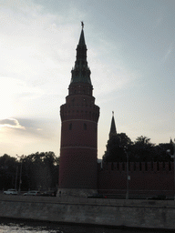 Corner tower of the Moscow Kremlin and the Moskva river, viewed from the tour boat