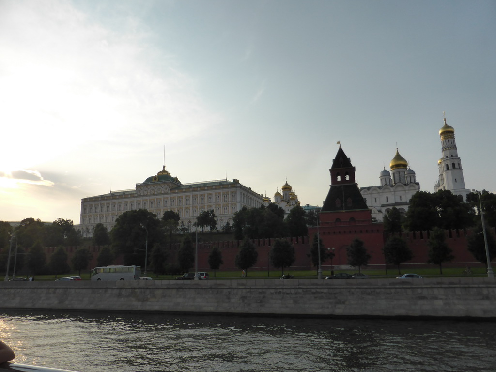 The Grand Kremlin Palace, the Cathedral of the Annunciation and the Cathedral of the Archangel Michael at the Moscow Kremlin and the Moskva river, viewed from the tour boat