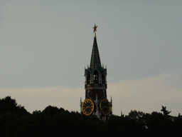 The Spasskaya Tower at the Moscow Kremlin, viewed from the tour boat on the Moskva river