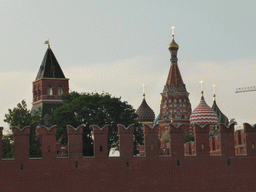 Saint Basil`s Cathedral and the Moscow Kremlin, viewed from the tour boat on the Moskva river