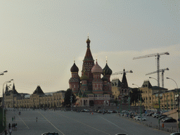 The Red Square with Saint Basil`s Cathedral and the GUM shopping center, viewed from the tour boat on the Moskva river