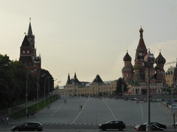 The Red Square with the Moscow Kremlin, Saint Basil`s Cathedral and the GUM shopping center, viewed from the tour boat on the Moskva river