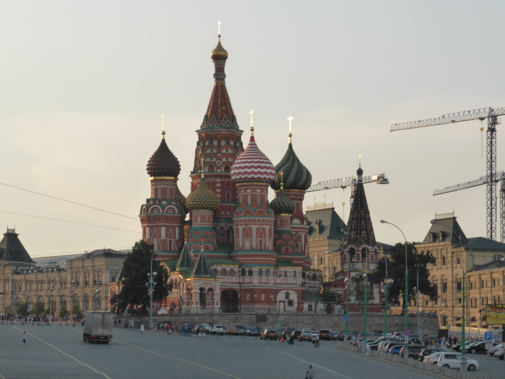 The Red Square with Saint Basil`s Cathedral and the GUM shopping center, viewed from the tour boat on the Moskva river