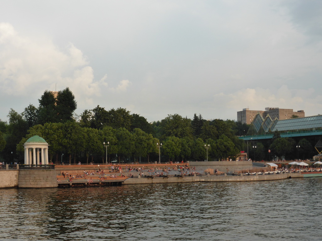 Olive Beach at the riverfront of Gorky Park and the Pushkinsky Bridge over the Moskva river, viewed from the tour boat