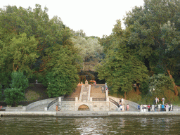 Staircase and fountain just below Catherine`s Pond at the Neskuchny Garden, viewed from the tour boat on the Moskva river
