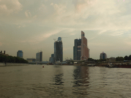 Skyscrapers of the Moscow International Business Center and the Bagration Bridge over the Moskva river, viewed from the tour boat