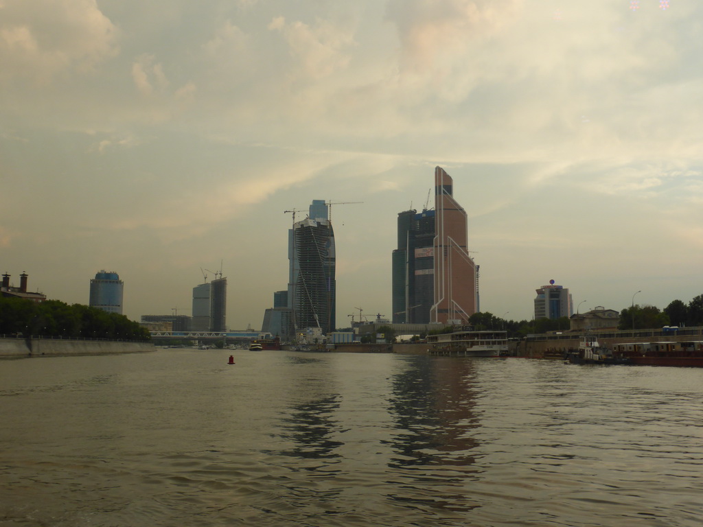 Skyscrapers of the Moscow International Business Center and the Bagration Bridge over the Moskva river, viewed from the tour boat