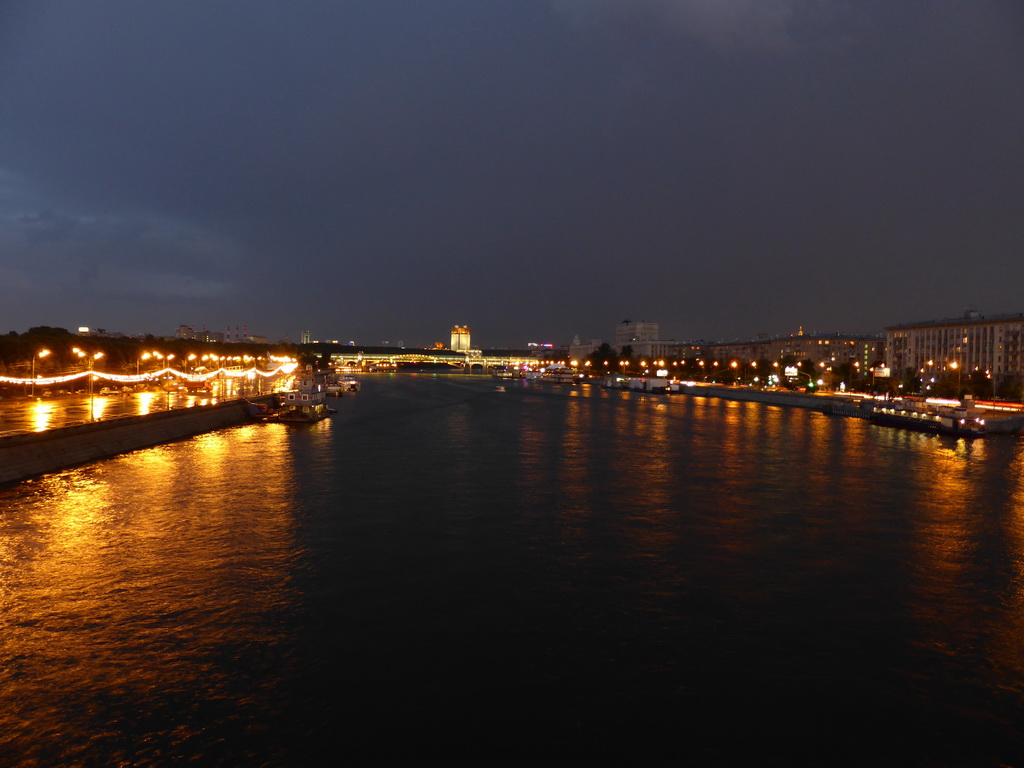 South side of the Moskva river with the Headquarters of the Russian Academy of Sciences, viewed from the Krymsky Bridge, by night