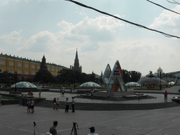 Manege Square with the Moscow Kremlin, a clock counting down to the Olympics 2014 in Sochi and the Cathedral of Christ the Saviour, viewed from the sightseeing bus