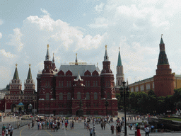 Manege Square with the front of the State Historical Museum of Russia, the Monument to Georgy Zhukov, the Iberian Gate and the Moscow Kremlin, viewed from the sightseeing bus