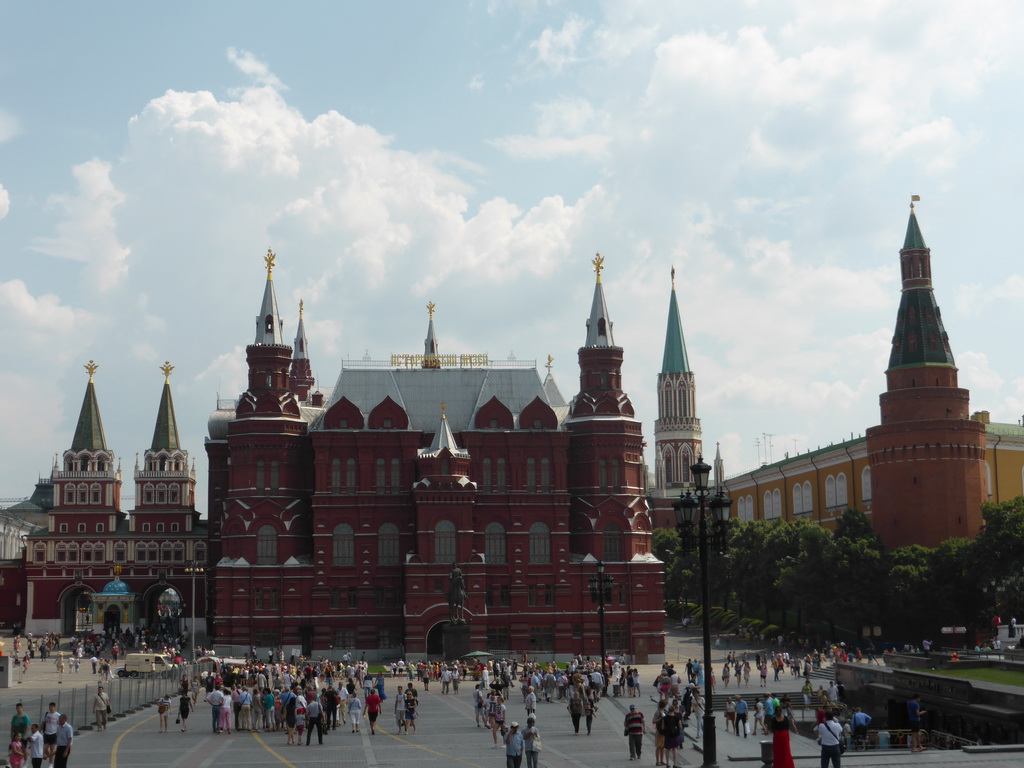 Manege Square with the front of the State Historical Museum of Russia, the Monument to Georgy Zhukov, the Iberian Gate and the Moscow Kremlin, viewed from the sightseeing bus