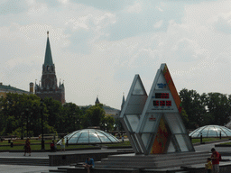 Manege Square with the Trinity Tower of the Moscow Kremlin and a clock counting down to the Olympics 2014 in Sochi, viewed from the sightseeing bus