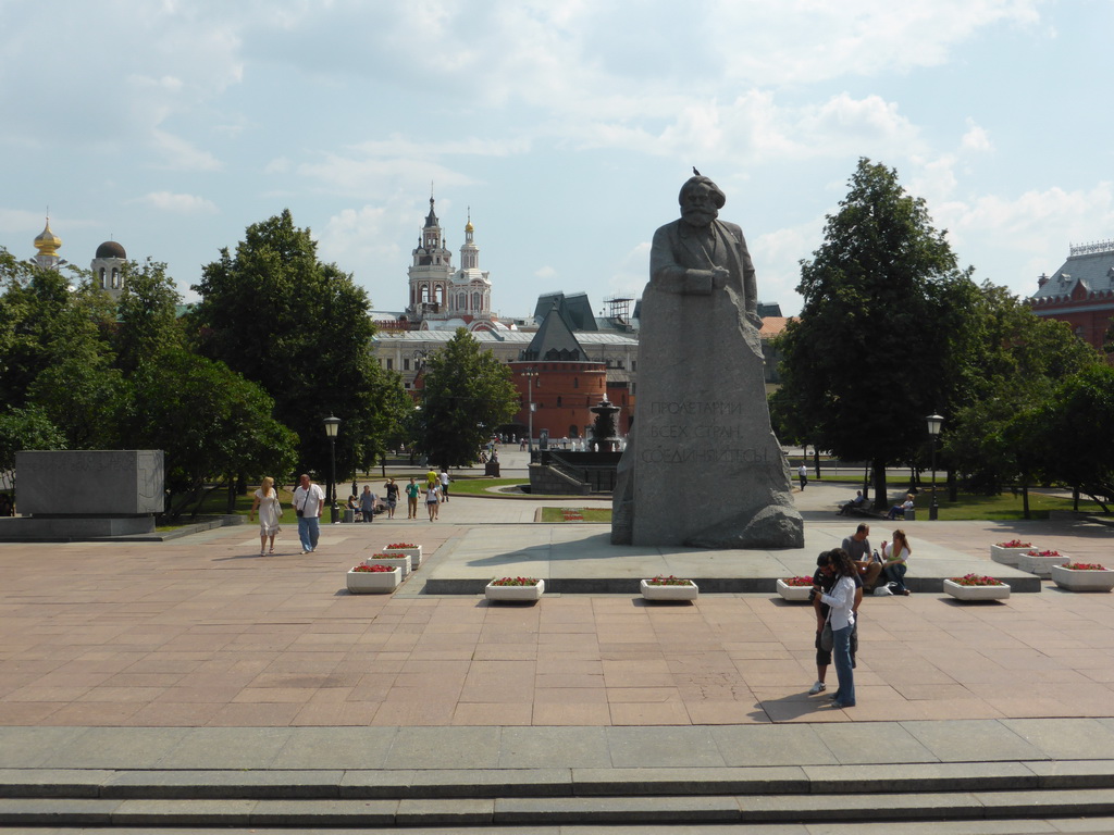 Revolution Square with the statue of Karl Marx and the front of the Zaikonospassky Monastery, viewed from the sightseeing bus