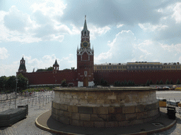 The Red Square with the Lobnoye Mesto platform and the Spasskaya Tower at the Moscow Kremlin, viewed from the sightseeing bus
