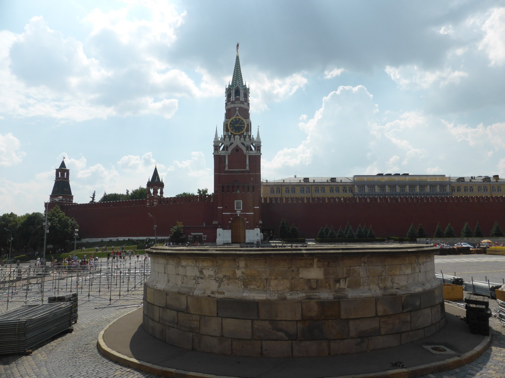 The Red Square with the Lobnoye Mesto platform and the Spasskaya Tower at the Moscow Kremlin, viewed from the sightseeing bus