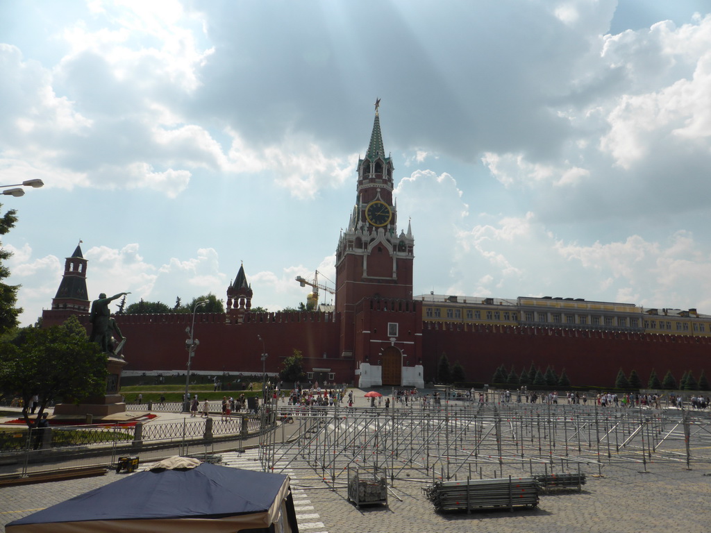 The Red Square with the Monument to Minin and Pozharsky and the Spasskaya Tower at the Moscow Kremlin, viewed from the sightseeing bus