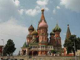 The back side of Saint Basil`s Cathedral, viewed from the sightseeing bus at Vasilyevskiy Spusk Square