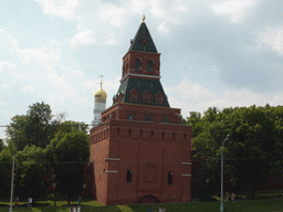 The Konstantino-Eleninskaya Tower and the Ivan the Great Bell Tower of the Moscow Kremlin, viewed from the sightseeing bus at Vasilyevskiy Spusk Square