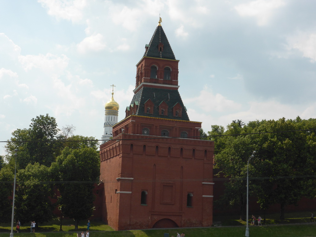 The Konstantino-Eleninskaya Tower and the Ivan the Great Bell Tower of the Moscow Kremlin, viewed from the sightseeing bus at Vasilyevskiy Spusk Square