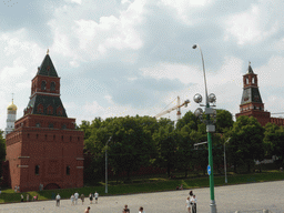 The Konstantino-Eleninskaya Tower, the Nabatnaya Tower and the Ivan the Great Bell Tower of the Moscow Kremlin, viewed from the sightseeing bus at the Vasilyevskiy Spusk Square