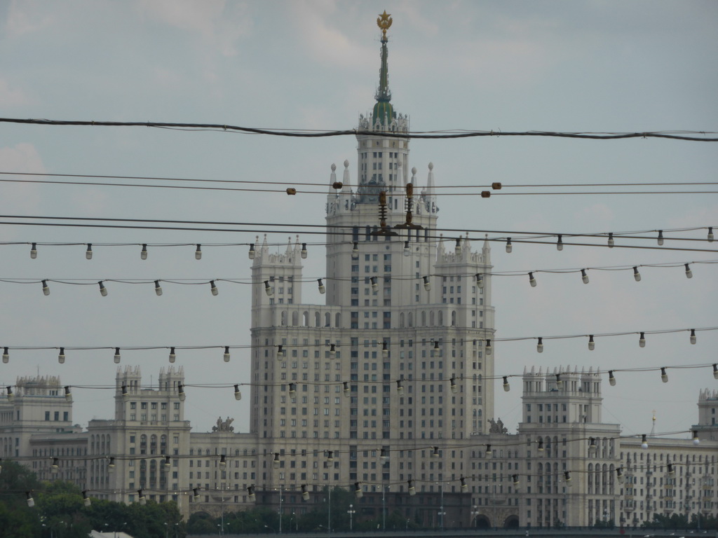 The Kotelnicheskaya Embankment Building, viewed from the sightseeing bus at the Bolshoy Moskvoretsky Bridge over the Moskva river