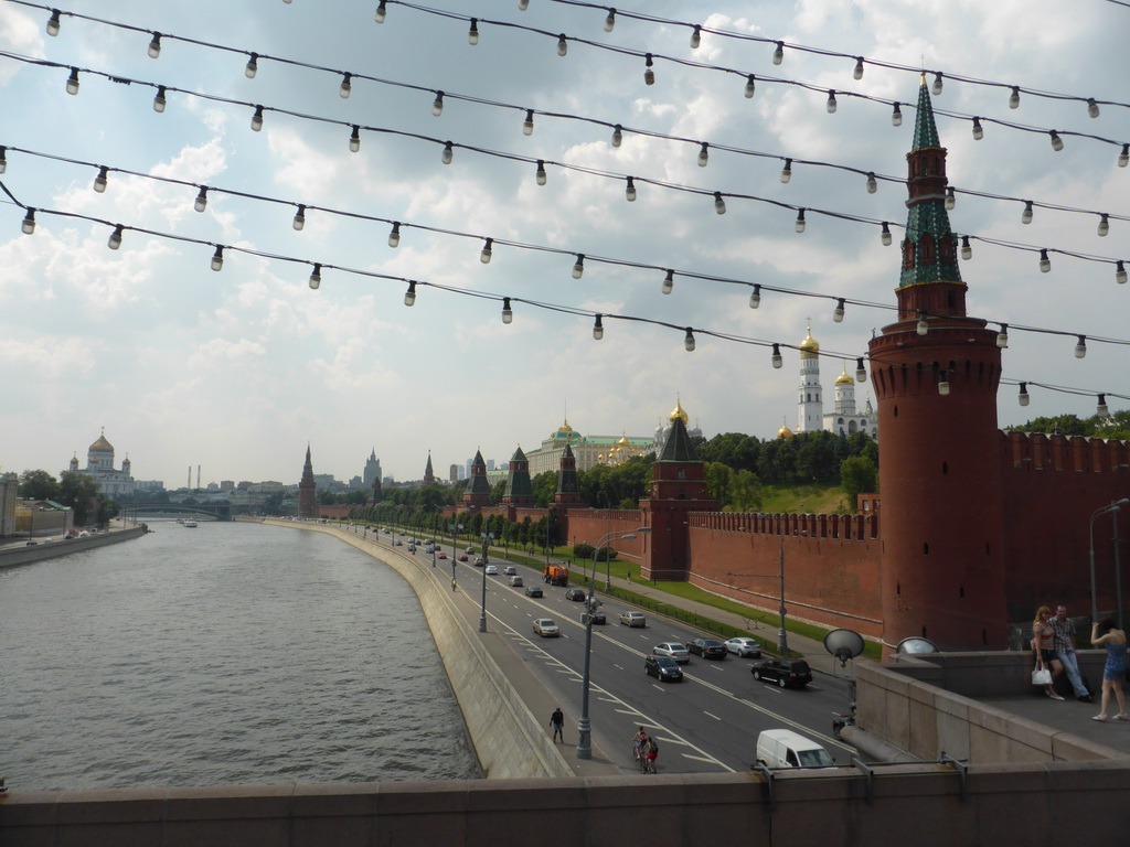 The Moskva river, the south side of the Moscow Kremlin and the Cathedral of Christ the Saviour, viewed from the sightseeing bus at the Bolshoy Moskvoretsky Bridge