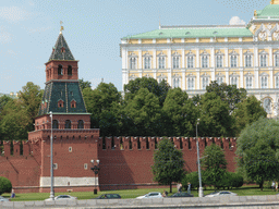 The Blagoveshenskaya Tower and the Grand Kremlin Palace of the Moscow Kremlin, viewed from the sightseeing bus at the Sofiyskaya street