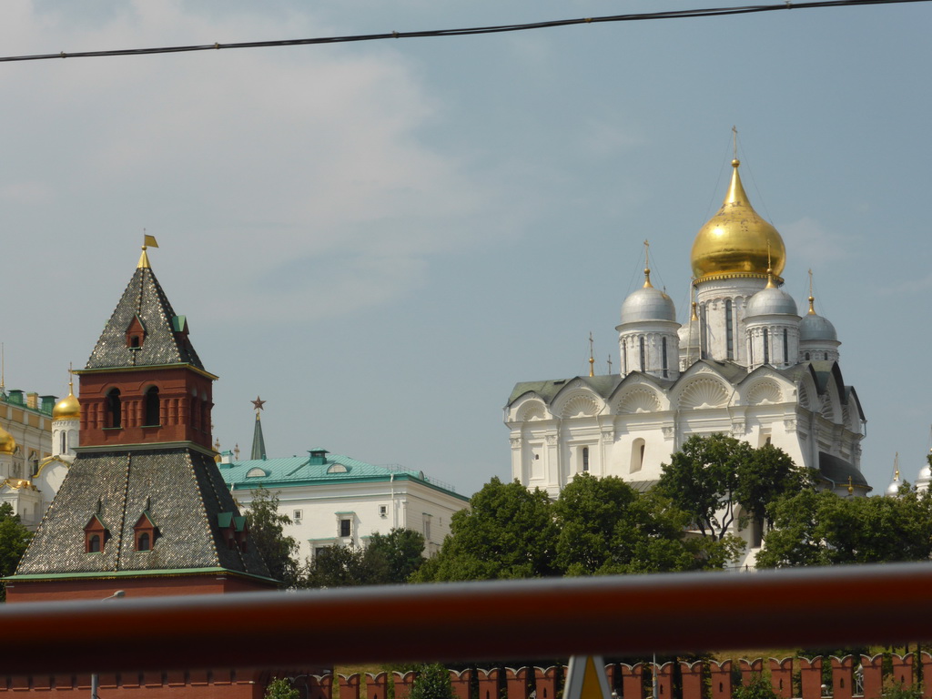 The Taynitskaya Tower and the Cathedral of the Archangel Michael of the Moscow Kremlin, viewed from the sightseeing bus at the Sofiyskaya street
