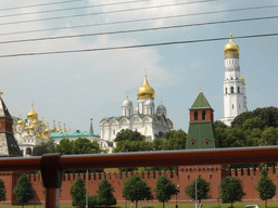 The Taynitskaya Tower, the Cathedral of the Annunciation, the Cathedral of the Archangel Michael, the Ivan the Great Bell Tower and the First Nameless Tower of the Moscow Kremlin, viewed from the sightseeing bus at the Sofiyskaya street