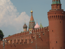 Southeast corner of the Moscow Kremlin and the towers of Saint Basil`s Cathedral, viewed from the sightseeing bus