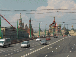The Bolshoy Moskvoretsky Bridge, the Moscow Kremlin and Saint Basil`s Cathedral, viewed from the sightseeing bus