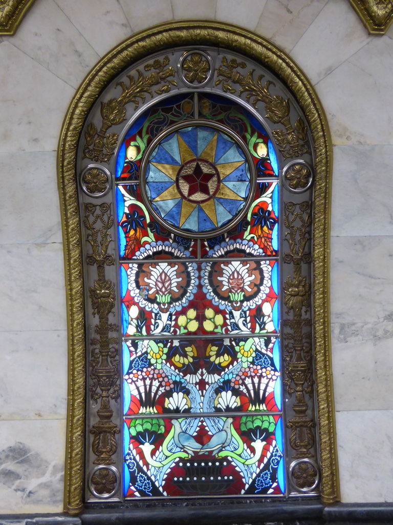 Stained glass window at the hallway inbetween the platforms of the Novoslobodskaya subway station