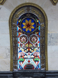 Stained glass window at the hallway inbetween the platforms of the Novoslobodskaya subway station