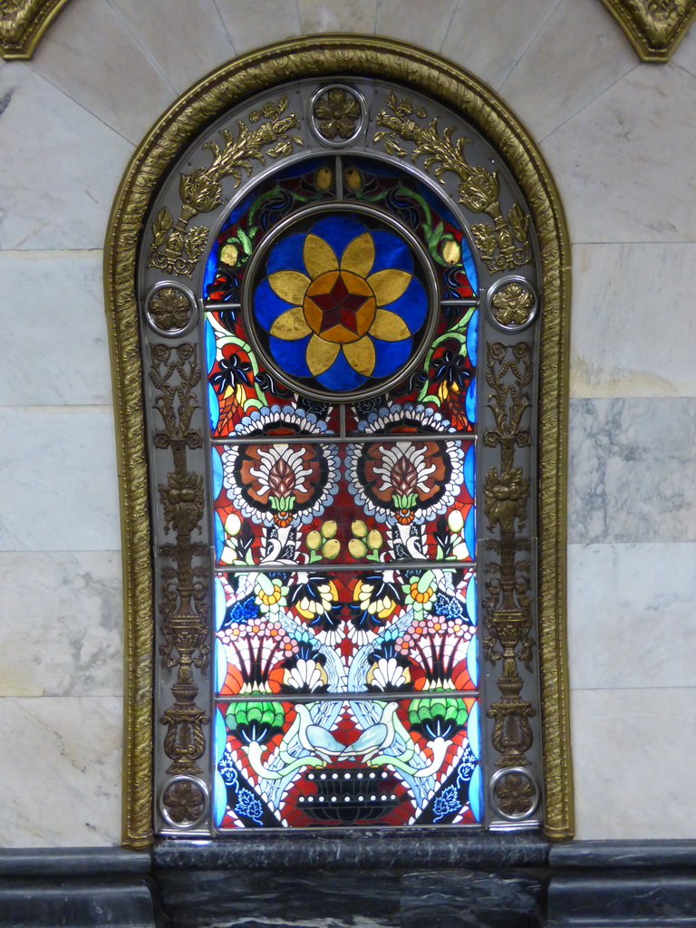 Stained glass window at the hallway inbetween the platforms of the Novoslobodskaya subway station