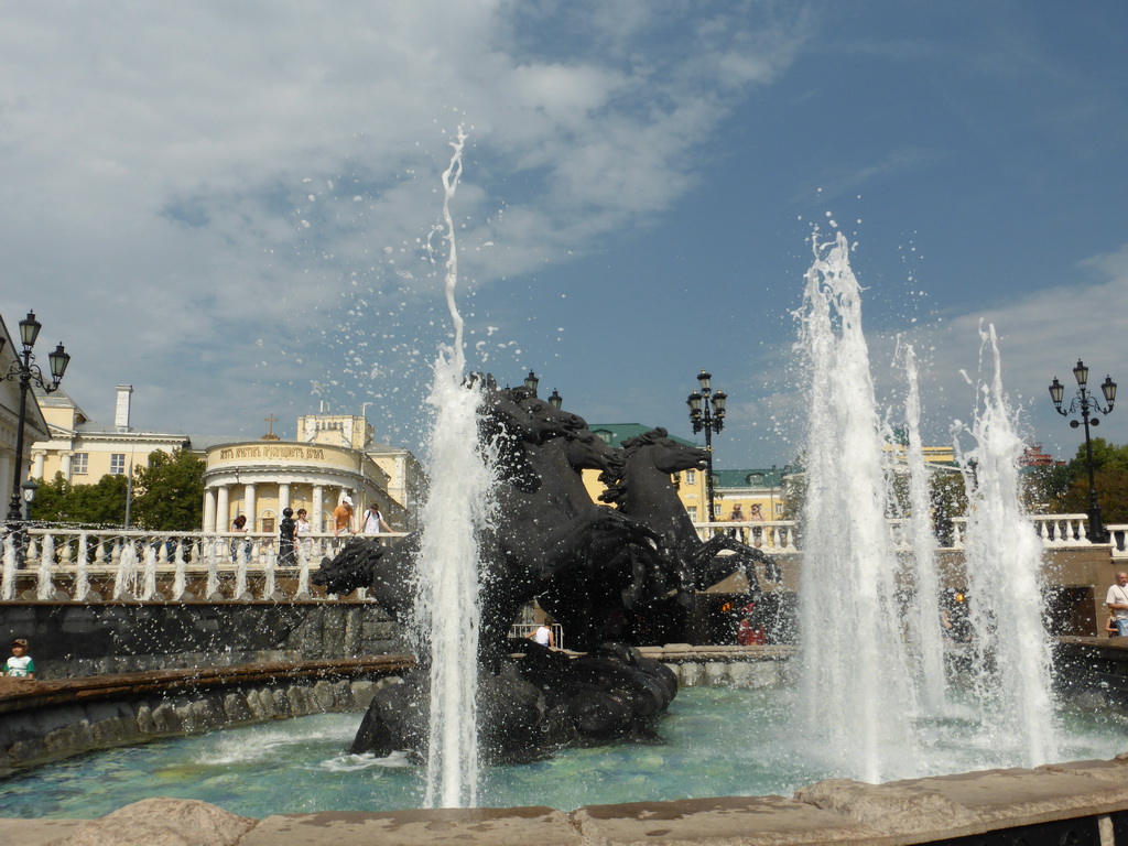 Fountain `Four Seasons of the Year` and the Kutafya Tower at the Alexander Garden