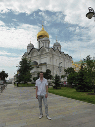 Tim with the northeast side of the Cathedral of the Archangel Michael at the Moscow Kremlin