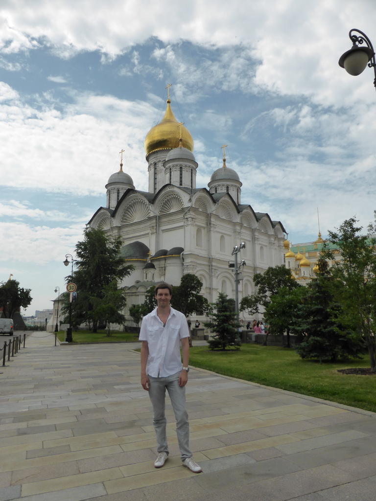 Tim with the northeast side of the Cathedral of the Archangel Michael at the Moscow Kremlin
