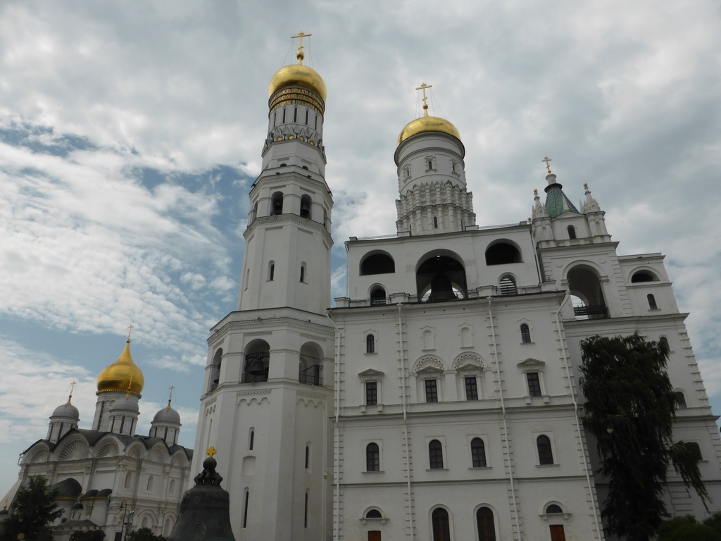 The east side of the Ivan the Great Belltower, the Tsar Bell and the Cathedral of the Archangel Michael at the Moscow Kremlin